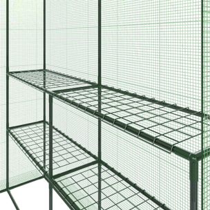 Serra Da Giardino Con 8 Scaffali Ripiani Per Piante Orto Telaio Acciaio Verniciato Telo PE Verde Porta Avvolgibile Apertura A Cerniera 143x138x190 Cm