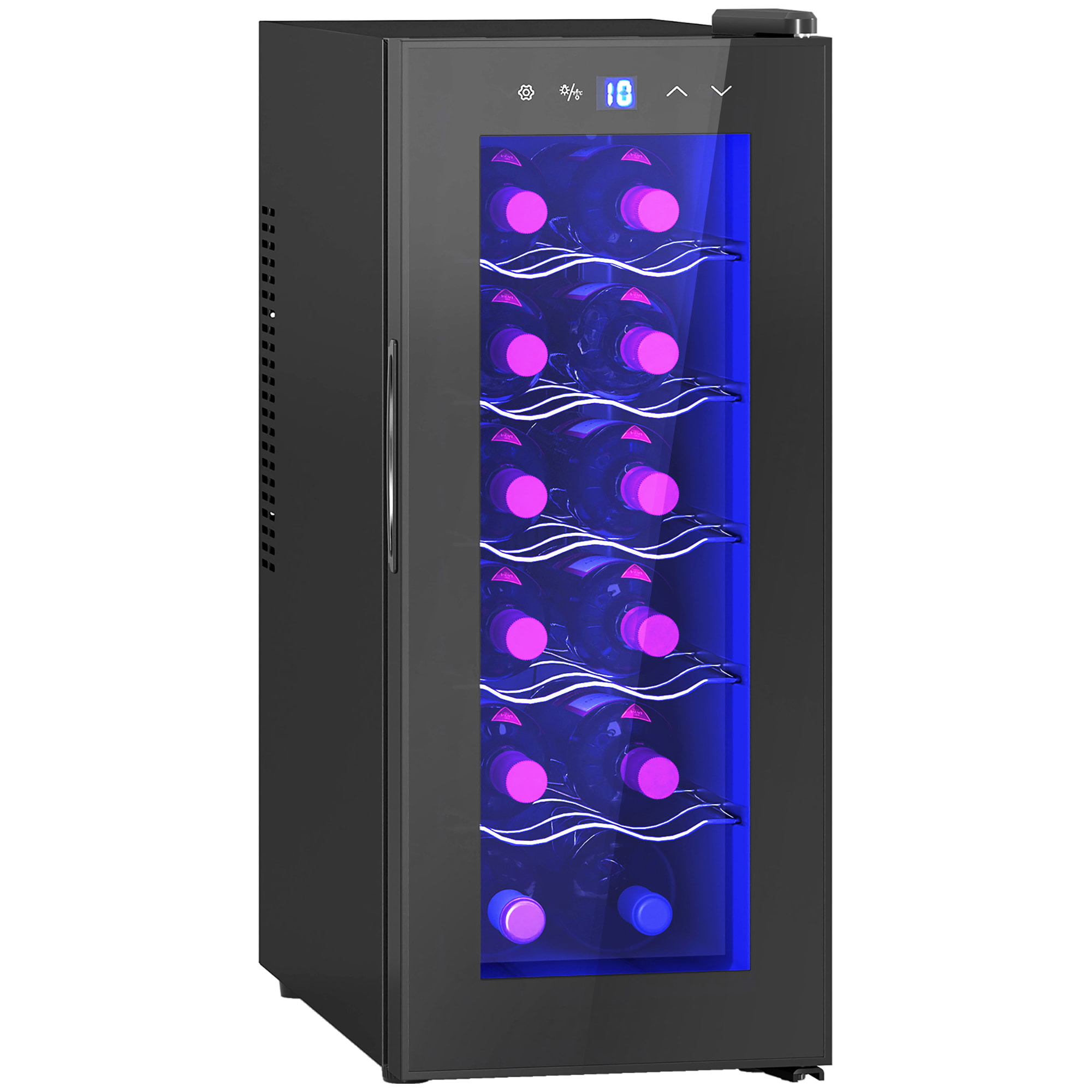 Vinoteca 12 Botellas, Nevera para Vinos con Doble Refrigeración Termoeléctrica, Temperatura Ajustable 8-18℃, Puerta de Vidrio, Anti-UV, Pantalla LED, Luz Interior, Negro