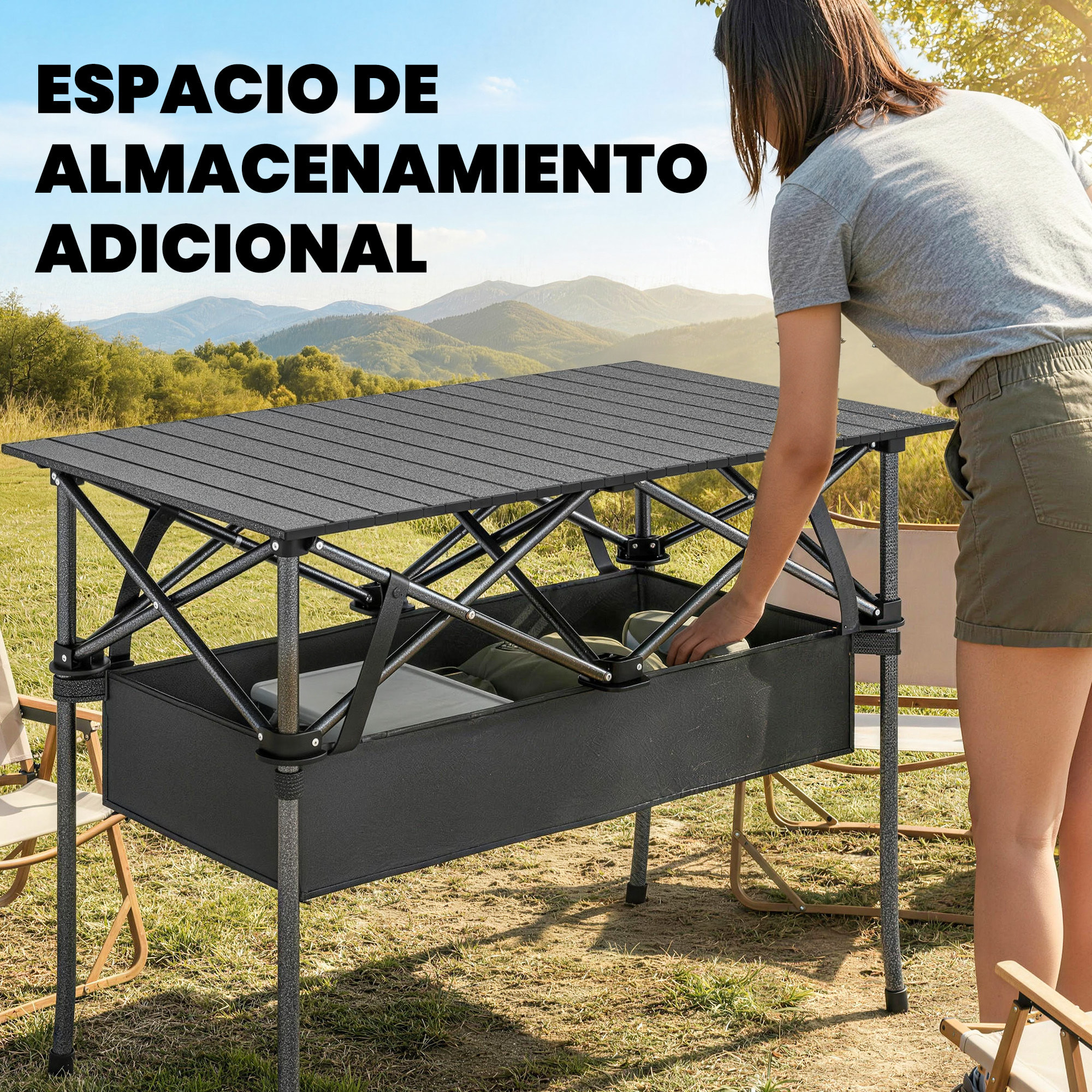 Mesa Plegable Camping, 93x55x68 cm, Mesa Plegable Portátil con Red de Almacenamiento, Encimera Enrollable de Aluminio, Marco Metálico, Bolsa de Transporte, para Acampar, Senderismo, Negro