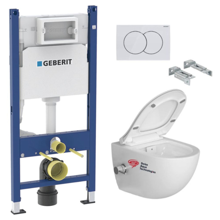 Pack WC Bati-support Geberit Duofix  + WC sans bride SAT Infinitio avec fonction bidet thermostatique + Abattant softclose + Pla