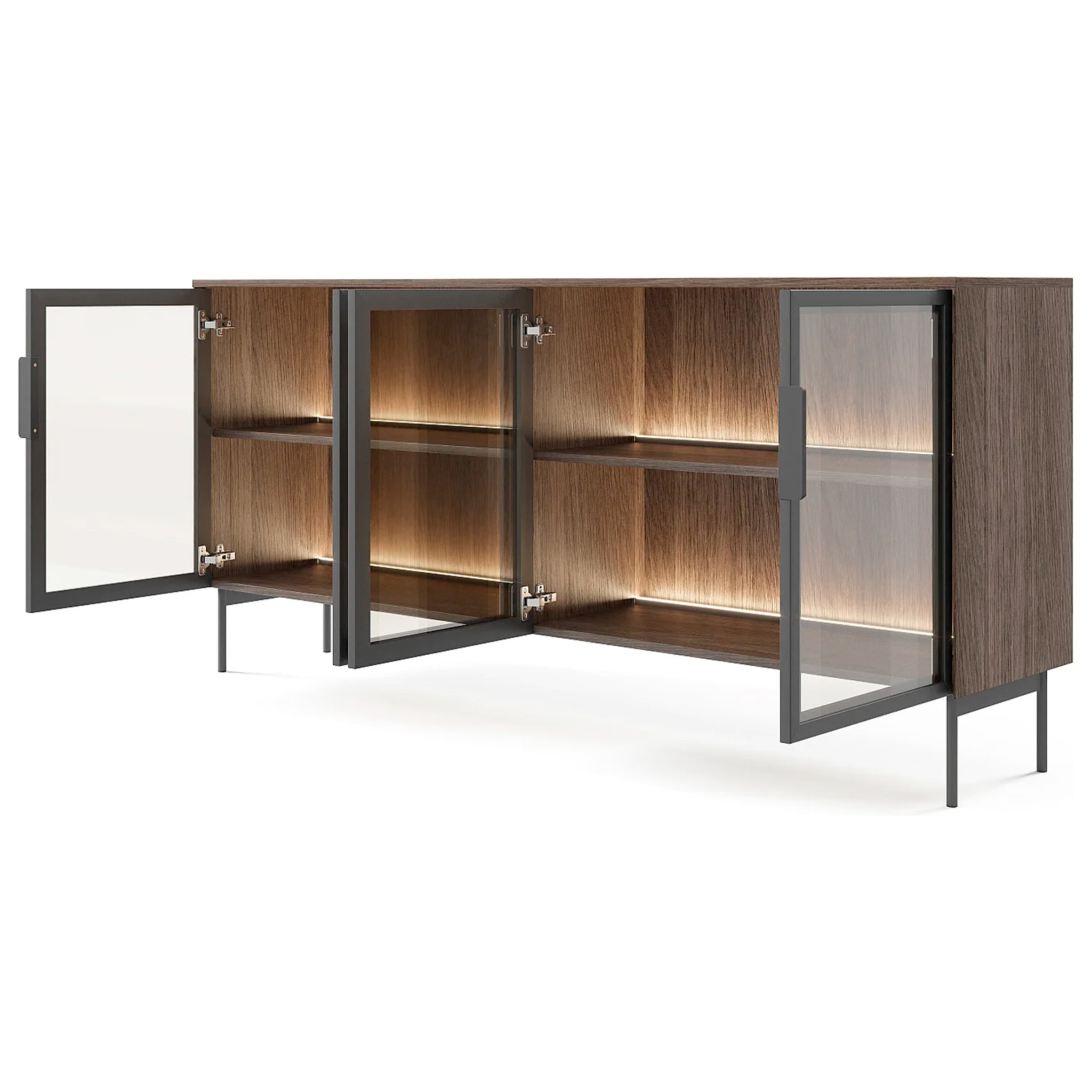 Credenza Madia Moderna 4 Ante In Vetro Illuminazione Led Interna In Melaminico Per Soggiorno Sala Da Pranzo 181.3 x 39.3 x 82.6 Cm Rovere Scuro