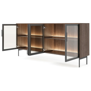 Credenza Madia Moderna 4 Ante In Vetro Illuminazione Led Interna In Melaminico Per Soggiorno Sala Da Pranzo 181.3 x 39.3 x 82.6 Cm Rovere Scuro