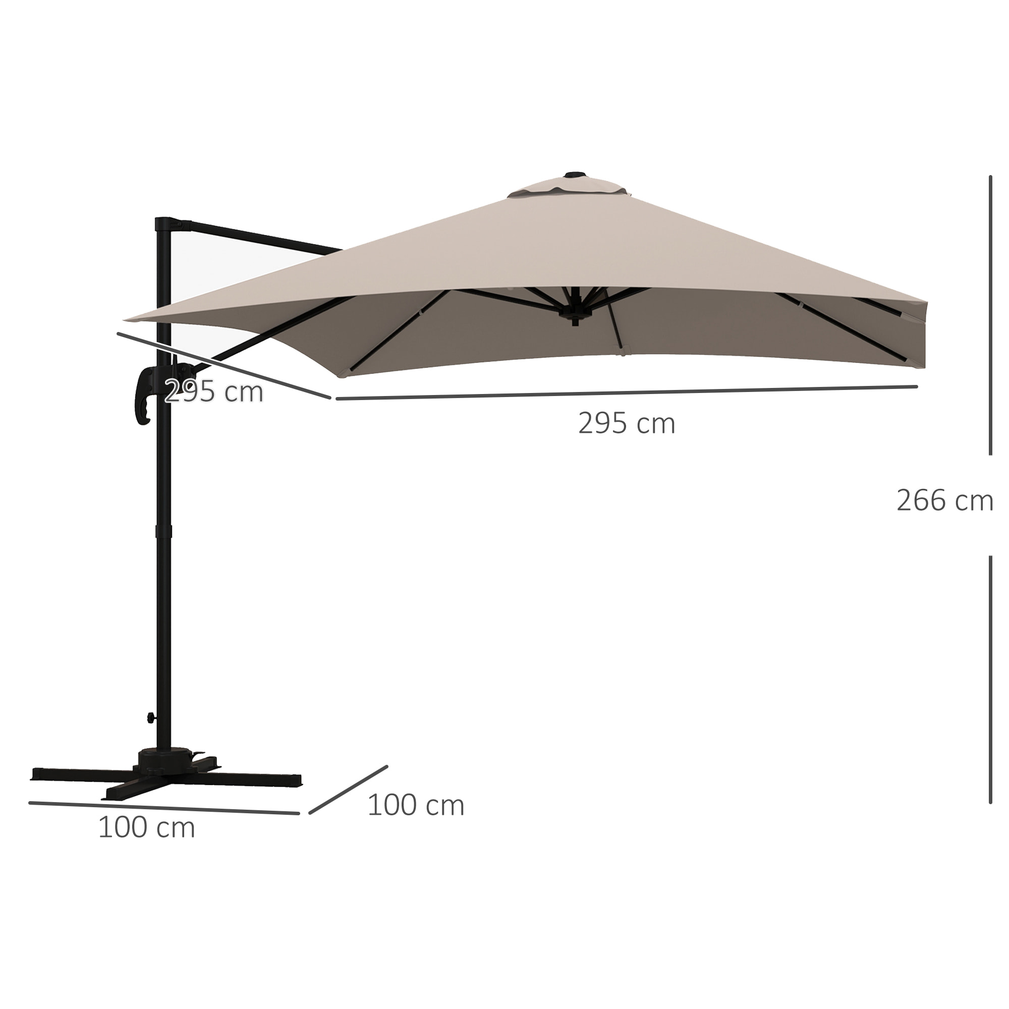 Parasol déporté carré inclinable pivotant 360° manivelle piètement acier dim. 2,95L x 2,95l x 2,66H m taupe