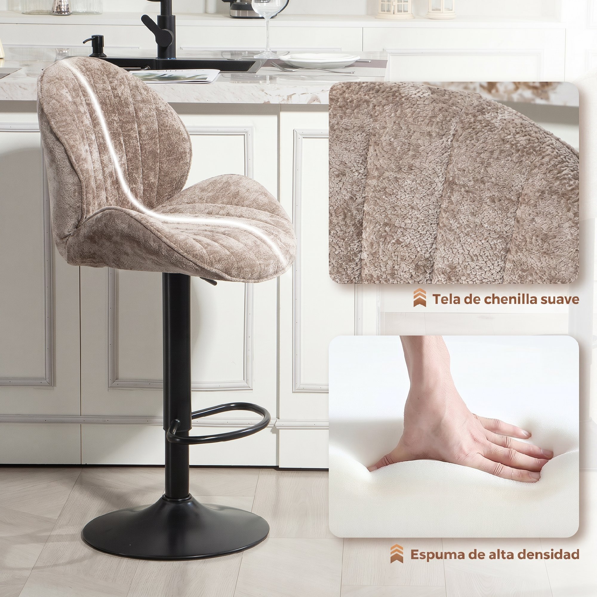 HOMCOM Juego de 2 Taburetes de Bar Giratorios, Taburetes Altos de Cocina con Altura Ajustable 62-83 cm, Sillas Altas de Cocina, Tapizada en Chenilla, Respaldo y Reposapiés, Marco de Acero, Marrón Moca