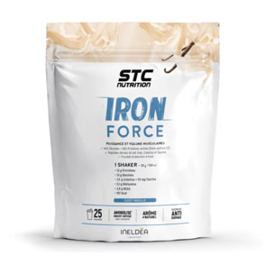 STC NUTRITION - Iron Force - Préparation en poudre pour boisson riche en Protéines, Créatine, Taurine - Puissance & Volume musculaires - 100% Digeste - Goût Chocolat - 25 shakers - Doypack 750g - Vanille