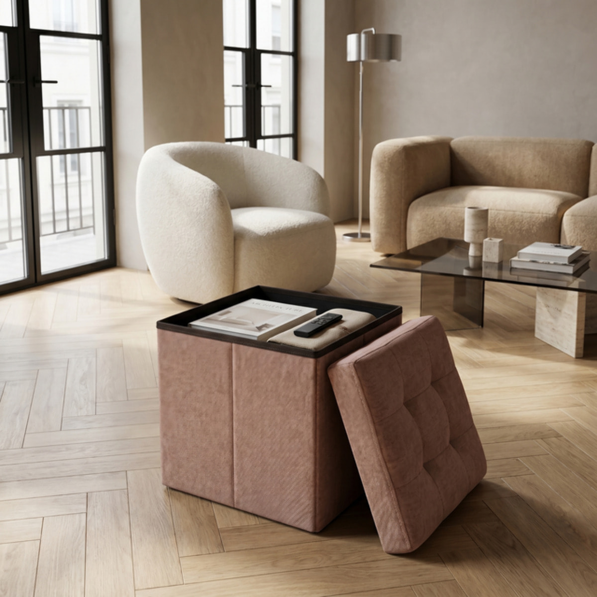 Pouf contenitore pieghevole 38x38x38 cm, cubo salvaspazio con vano interno, seduta imbottita resistente fino a 150 kg, design effetto lino elegante, ideale per soggiorno camera ingresso ufficio e cameretta