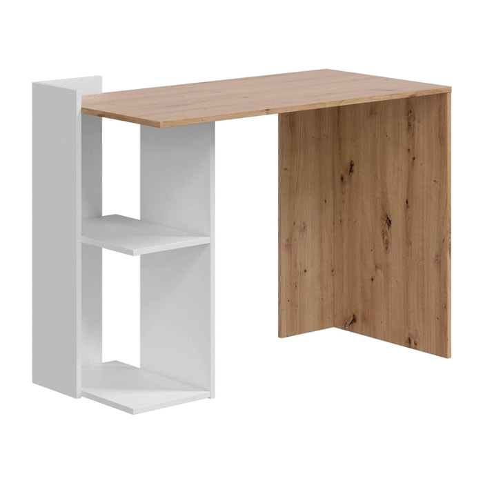 Scrivania Ablibla, Scrittoio multifunzione reversibile multiposizione, Tavolo da studio o ufficio porta PC con scaffale e ripiani, 100x52h78 cm, Bianco e Rovere nodi