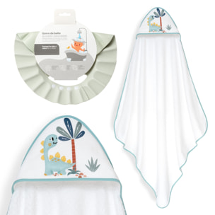 Capa Baño 1X1 Mod Estampado Dinosaurio Palmera+Gorro Bco/Verde