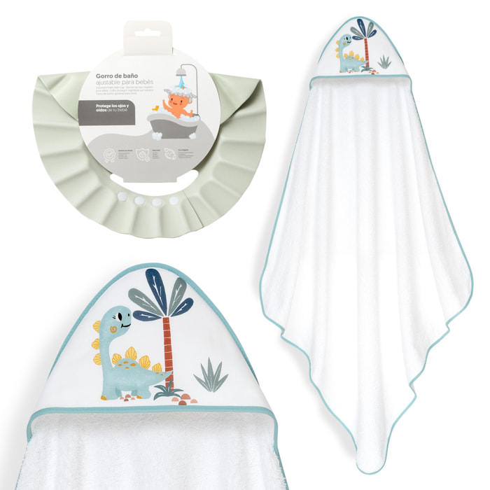 Capa Baño 1X1 Mod Estampado Dinosaurio Palmera+Gorro Bco/Verde
