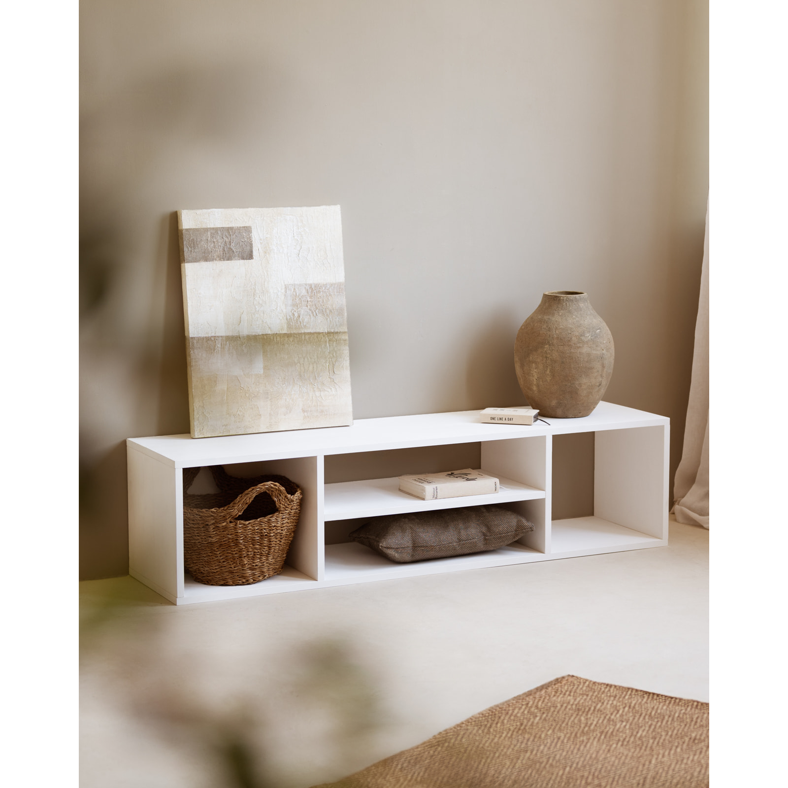 Meuble TV en bois massif ton blanc 160x40cm Hauteur: 40 Longueur: 160 Largeur: 40