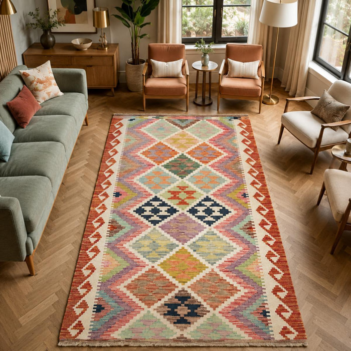 Tapis kilim, motif ethnique authentique, tissé plat en laine