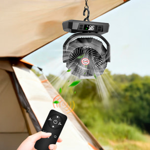 Ventilatore P50 con motore senza spazzole, LED con 9 luci, 6 velocità, 2 livelli di luce e timer. Angolo regolabile di 180º con oscillazione, gancio per appendere e powerbank da 20000 mAh.