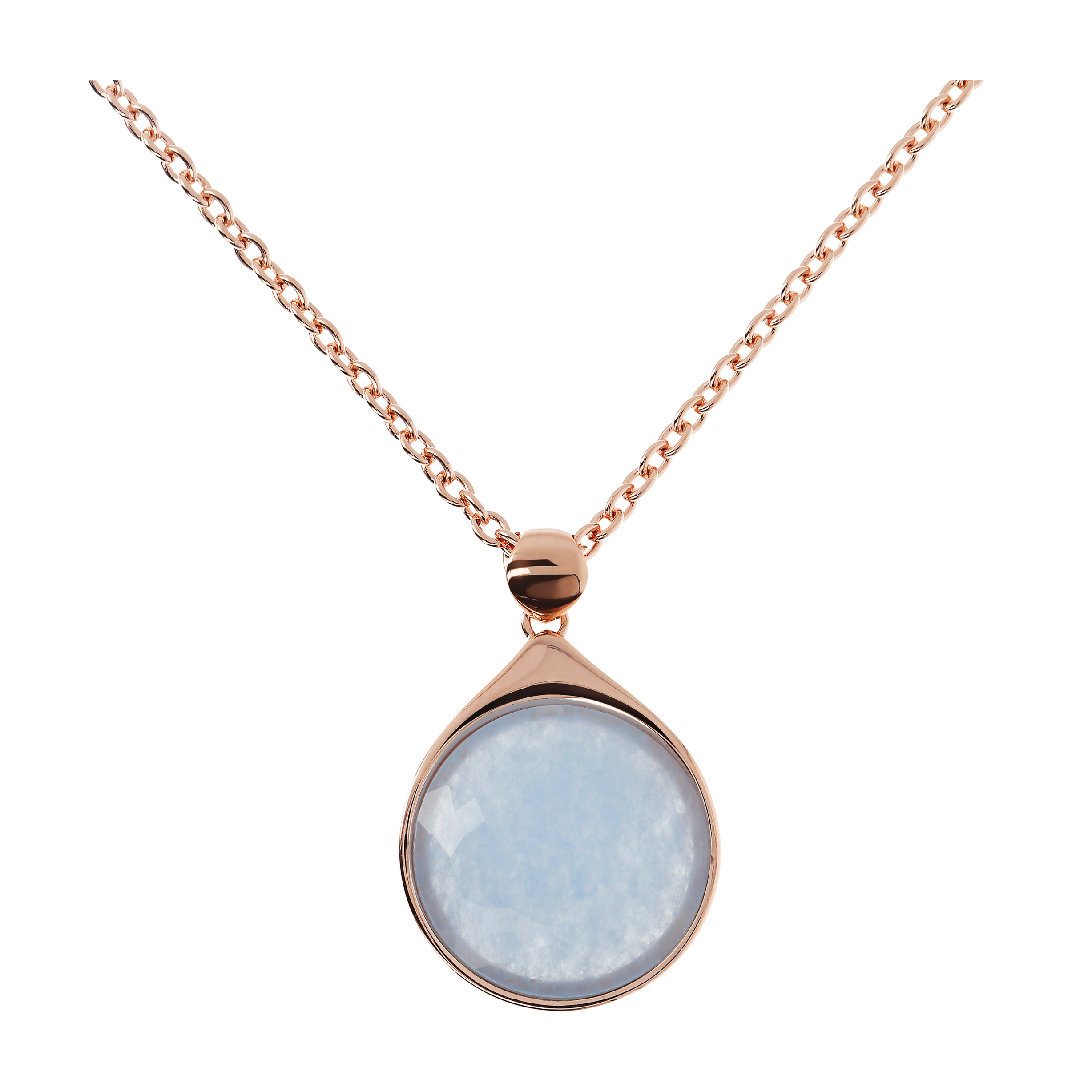 Collana Lunga Catena Rolo con Pendente in Pietra Naturale Tonda Quarzo Celeste