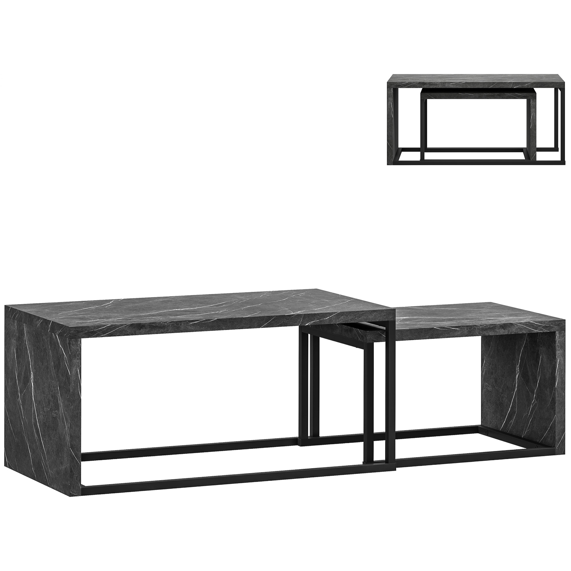 Lot de 2 tables basses gigognes design industriel encastrable dim. grande table 90L x 48l x 42H cm métal noir effet marbre gris