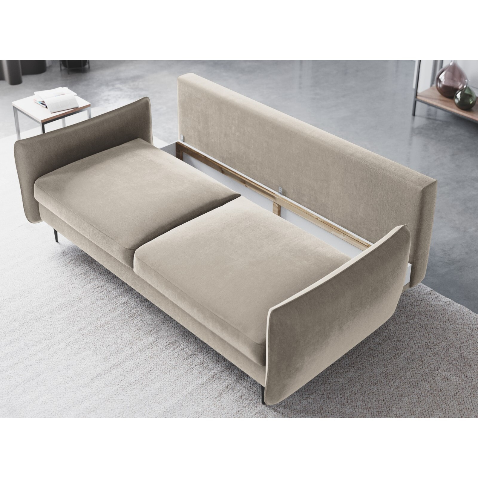 Canapé convertible avec coffre de rangement "Vermont" 3 places en velours beige clair