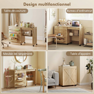 Table de couture pliable mobile 2 bacs 18 porte-bobines étagère naturel
