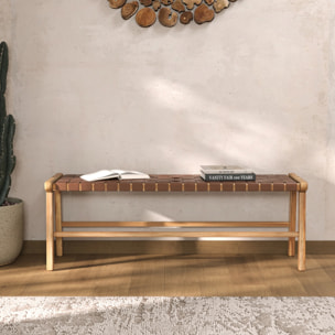 Banc 120 cm en cuir tressé marron et bois de teck - Kuna