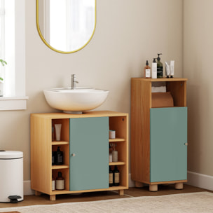 Meuble sous vasque 6 niches porte étagère dim. 60 x 33 x 57 cm effet bois clair vert d'eau