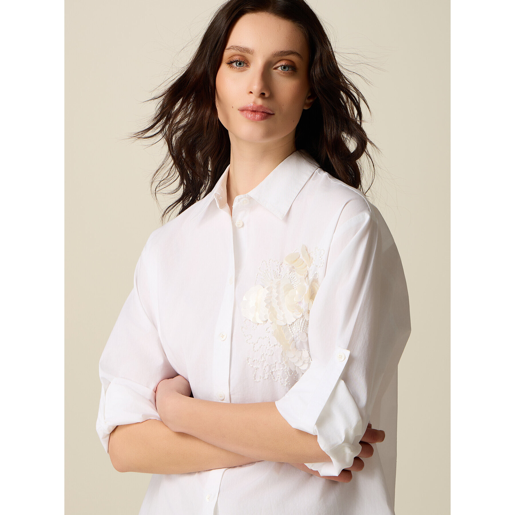 Oltre - Camicia in cotone con ricamo floreale - Bianco