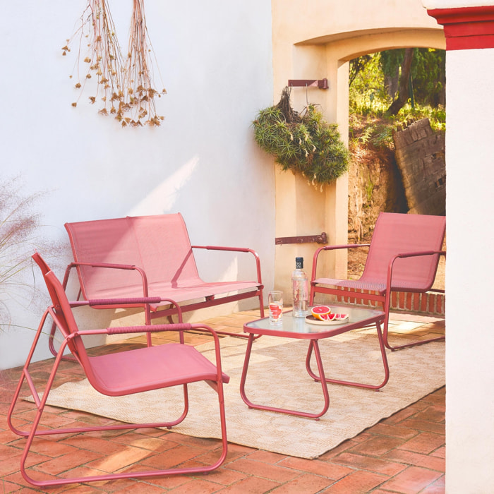 Salon de jardin terracotta NOTO acier. 4 places. un canapé. une table. deux fauteuils textilene