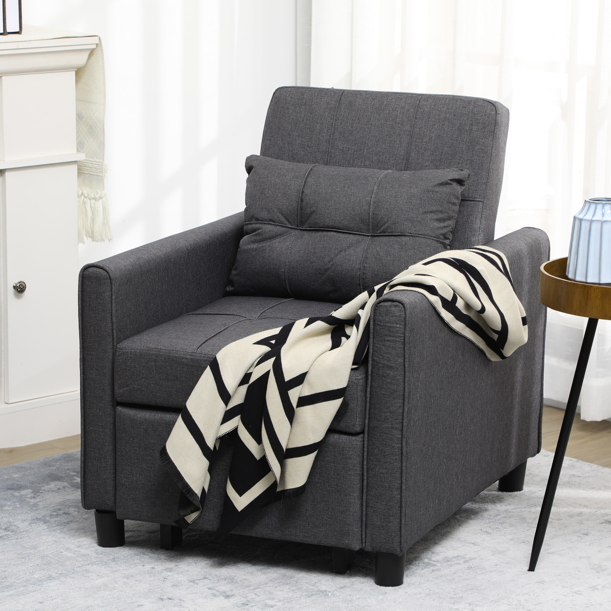 Fauteuil convertible 3 en 1 chaise longue lit dossier inclinable 3 positions coussin gris
