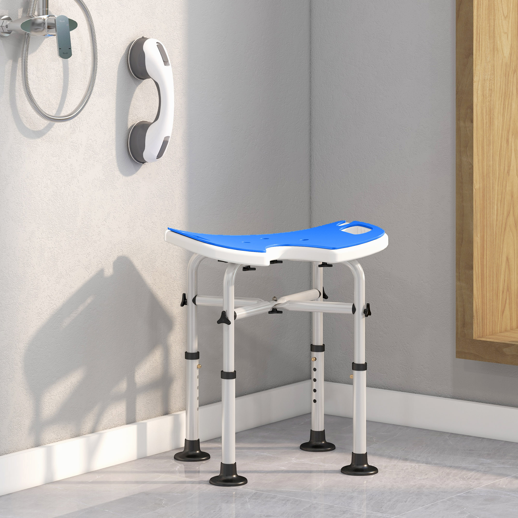 Tabouret de douche - siège de douche avec barre d'appui ventouse - hauteur réglable - alu HDPE bleu blanc