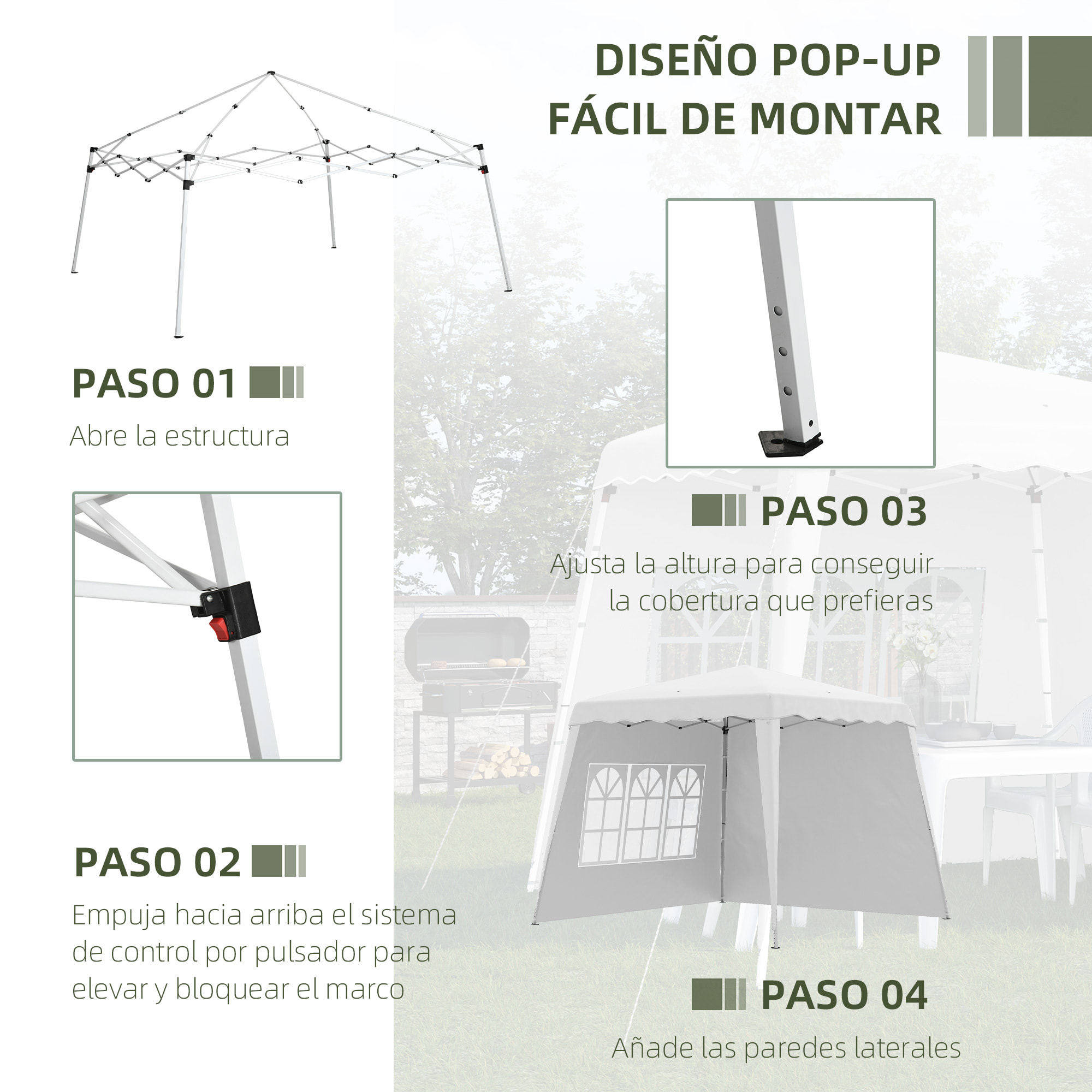 Carpa Plegable con 2 Paredes Laterales 2,89x2,89 m Cenador Pabellón de Jardín con Altura Ajustable y Bolsa de Transporte Protección UV50+ para Exterior Patio Blanco