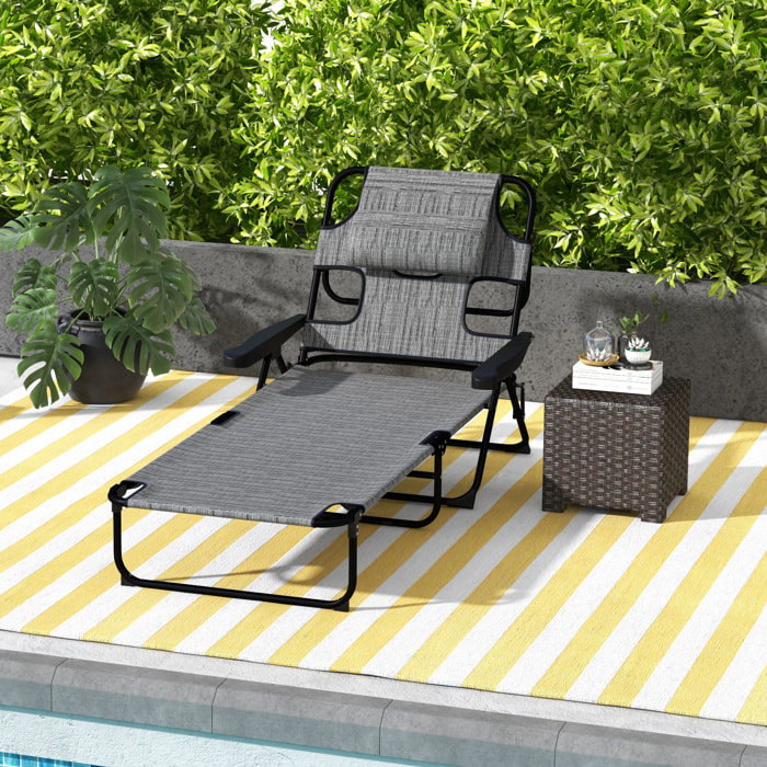 Bain de soleil transat pliable inclinable - coussins, espace tête - acier noir polyester gris chiné