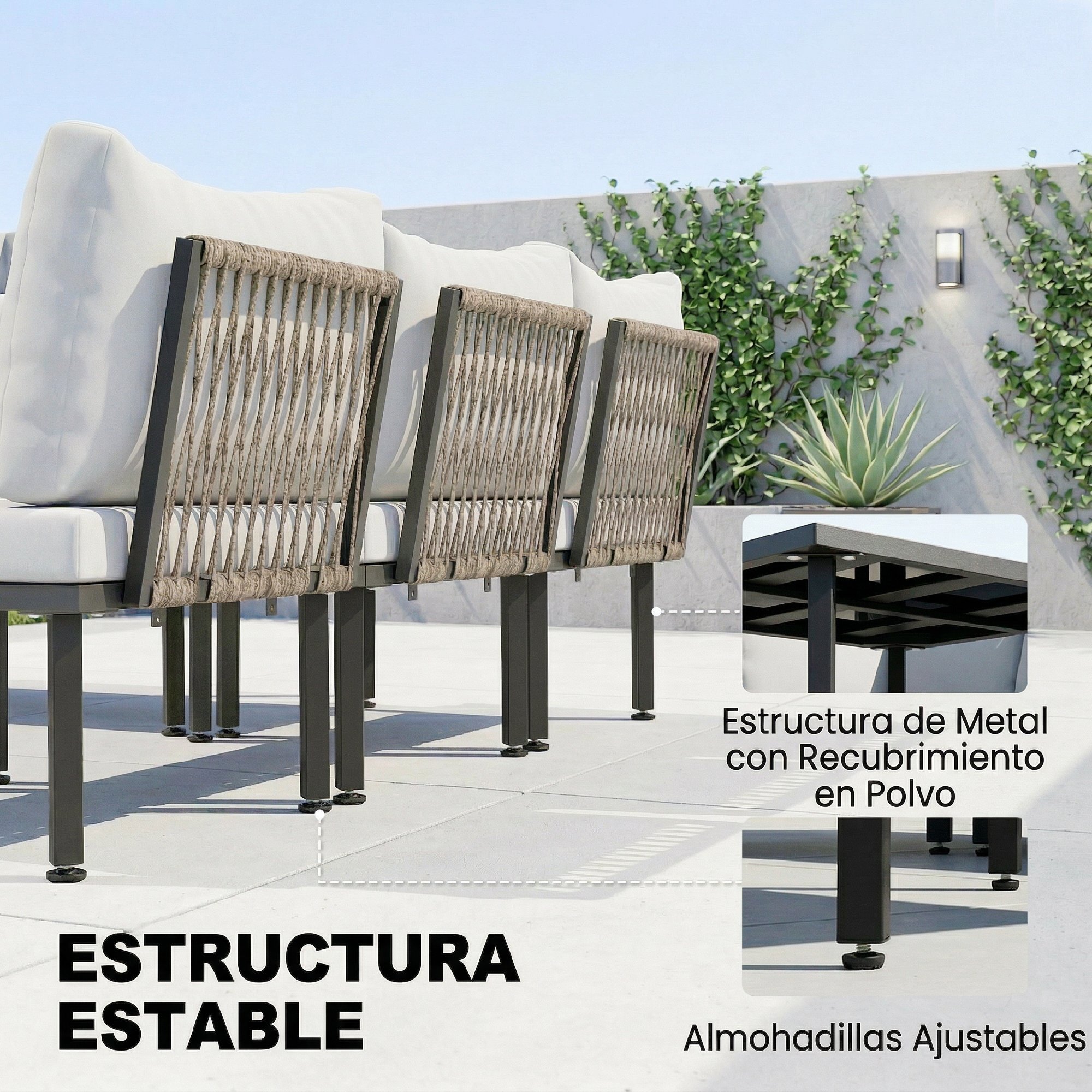 Conjunto de Muebles Jardín Exterior de 6 Piezas Sofá Exterior Seccional Forma de L con Sofá de 2 Plazas Módulo de Esquina 2 Sillones Reposapiés Mesa con Tapa de Vidrio y Cojines Gris Claro