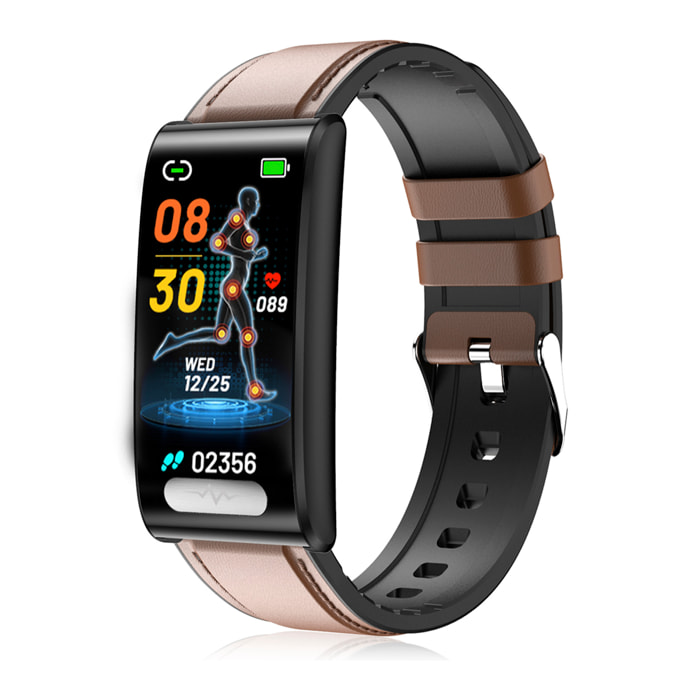 Bracciale intelligente ECG TK70, monitor della glicemia, dell'ossigeno e della tensione, frequenza cardiaca 24 ore su 24, termometro corporeo. Cinturino in pelle.
