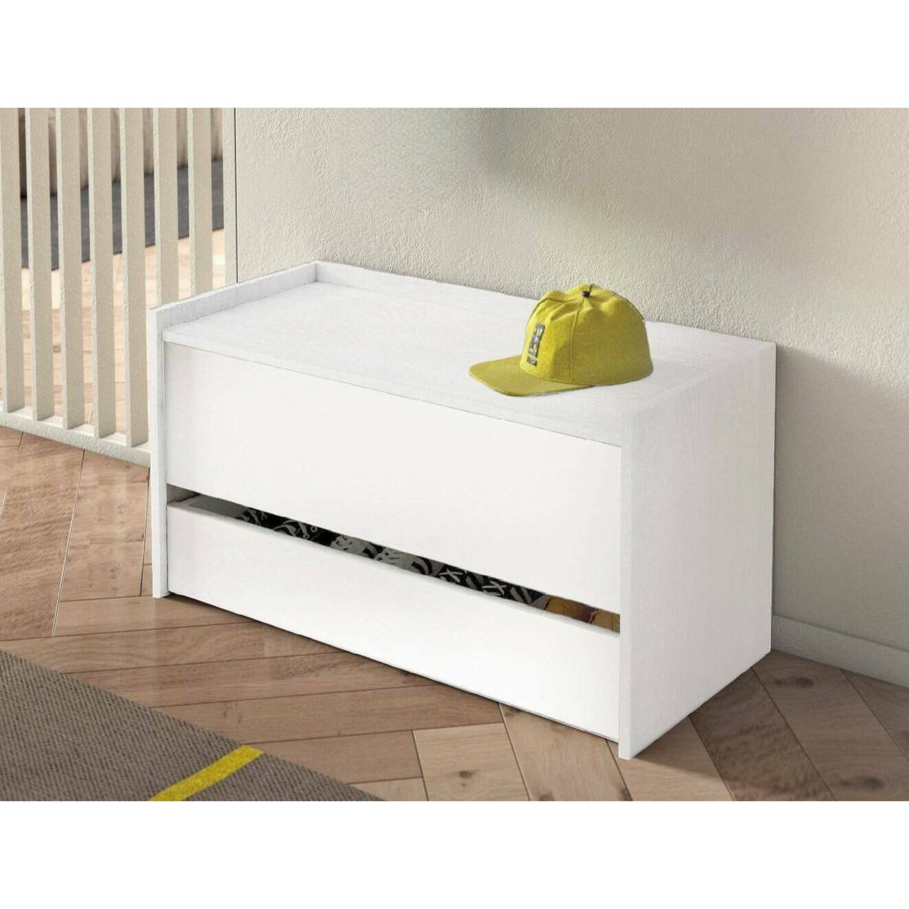 Cassapanca Sogno, Mobile da ingresso moderno con scarpiera, Cassapanca baule con due contenitori, 100% Made in Italy, 90x40h46 cm, Bianco