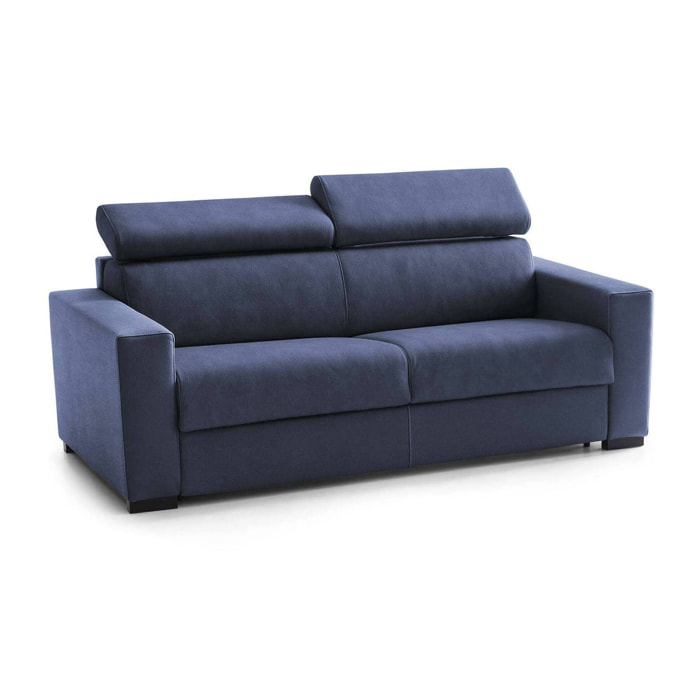 Divano fisso Susanna, Divano a 3 posti, 100% Made in Italy, Sofà Soggiorno, in tessuto imbottito, con poggiatesta regolabili e Braccioli slim, Cm 200x95h85, Blu