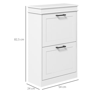 Meuble à chaussures 2 portes abattants 2 étagères poignées métal noir MDF blanc