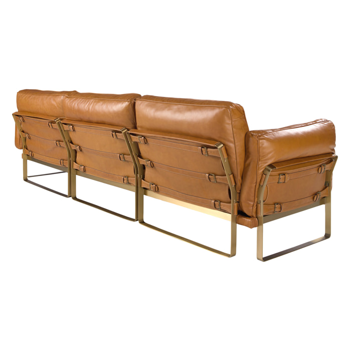 Sofá chaise longue Angel Cerdá derecha de 5 plazas tapizado en piel de origen vacuno en camel patas de acero inoxidable en dorado 302x166x84cm