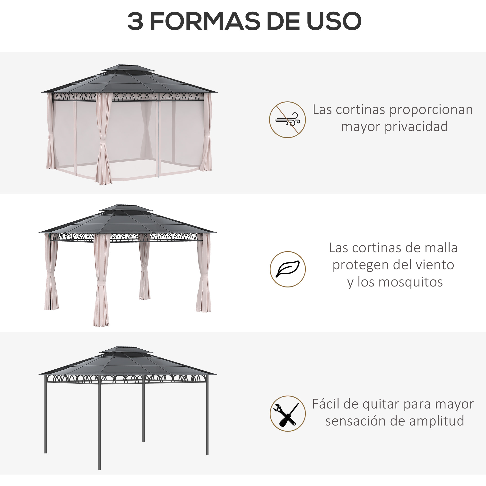 Cenador de Jardín 3,6x3m con Techo Doble de Policarbonato 4 Cortinas Mosquiteras