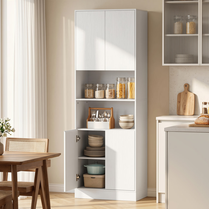 Alacena de Cocina Alta, Mueble Auxiliar de Cocina con 4 Puertas con Bisagras de Cierre Suave, Estantes Ajustables, 2 Compartimentos Abiertos, para Comedor, Salón, 60x30x170 cm, Blanco
