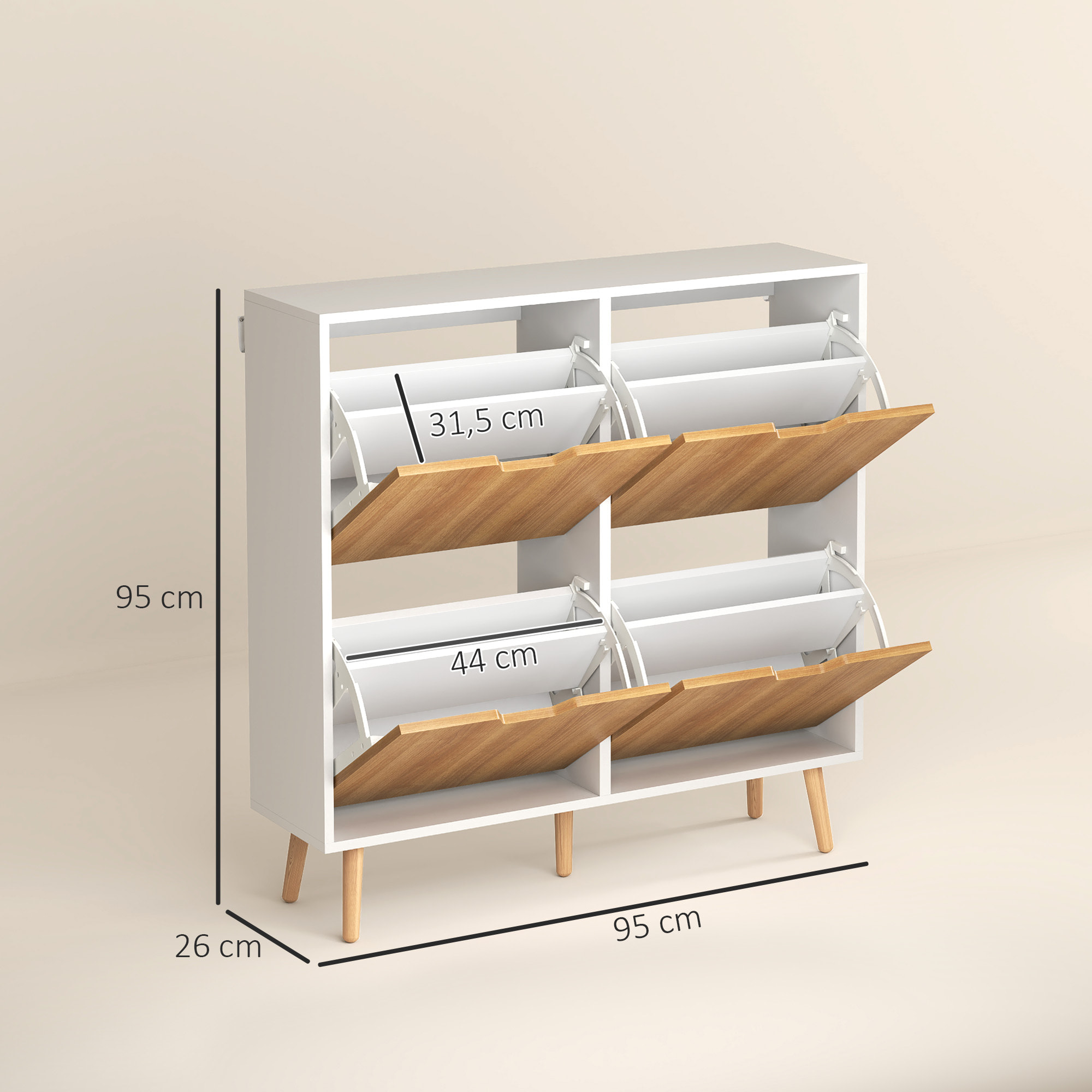 Zapatero Estrecho con 4 Cajones Abatibles, Zapatero Entrada Recibidor con Patas de Madera y Estantes Ajustables, para 16 Pares de Zapatos, para Pasillo, 95x26x95 cm, Natural y Blanco