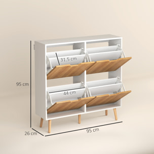 Zapatero Estrecho con 4 Cajones Abatibles, Zapatero Entrada Recibidor con Patas de Madera y Estantes Ajustables, para 16 Pares de Zapatos, para Pasillo, 95x26x95 cm, Natural y Blanco