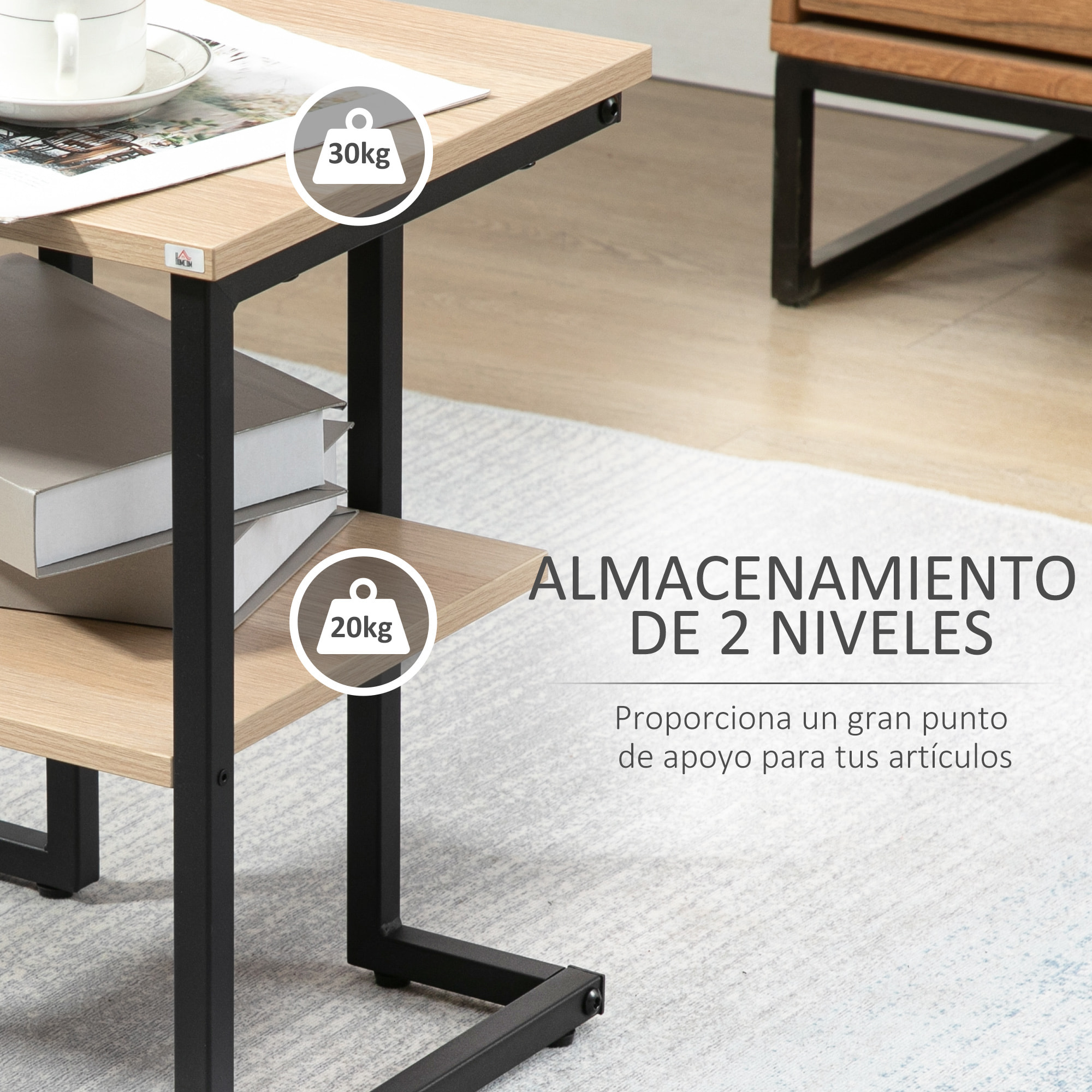 HOMCOM Mesa Auxiliar de 2 Estantes Mesita de Salón para Dormitorio Estudio Oficina Estilo Moderno 45x35x48 cm Natural