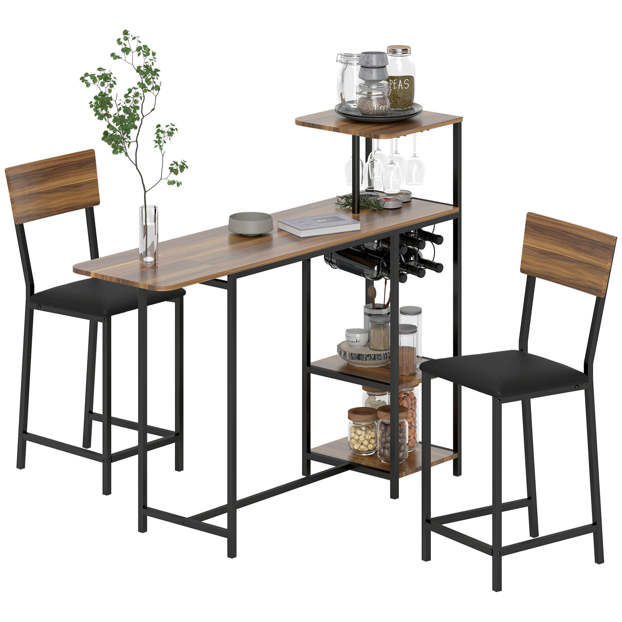 Juego de Mesa y Taburetes de Bar Mesa Alta de Cocina con 2 Taburetes Laterales Abatibles Soporte para Vinos y Estantes Estilo Industrial Marrón y Negro