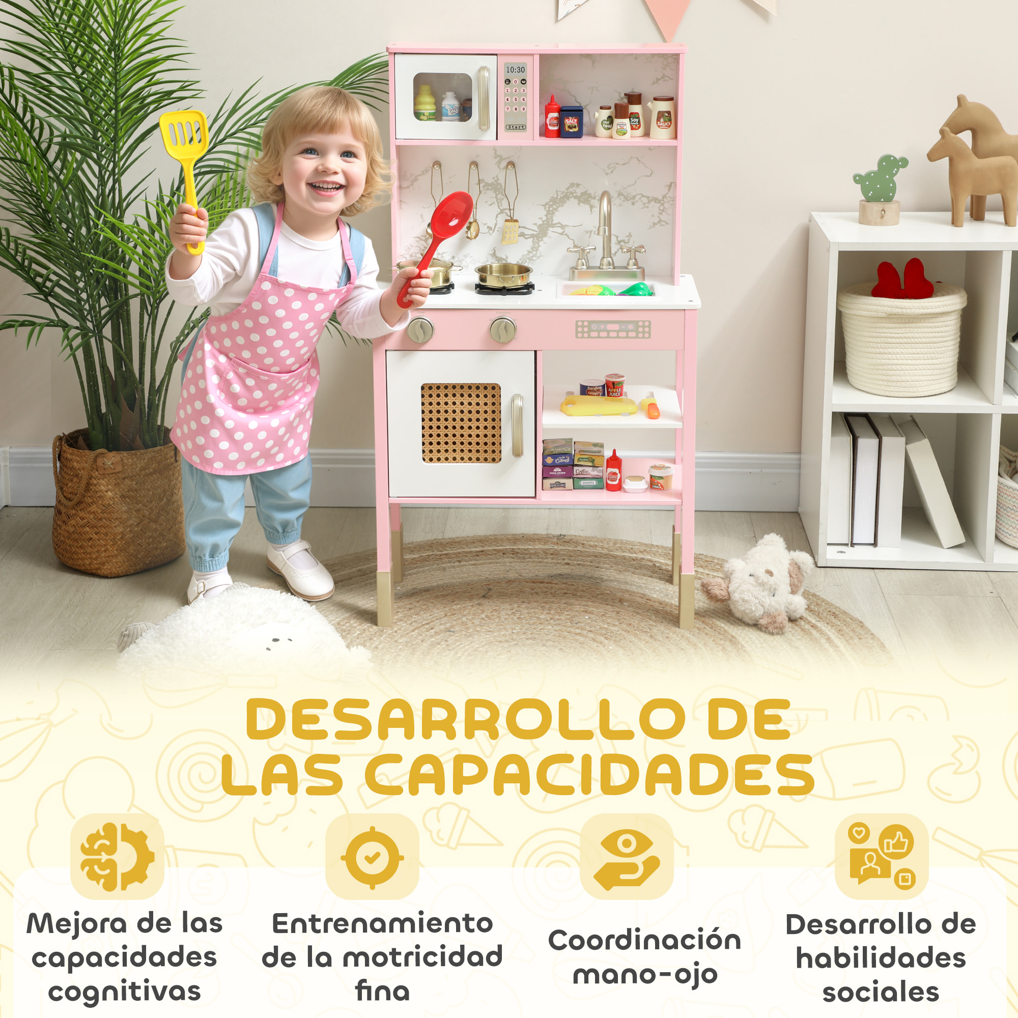 Cocina de Juguete de Madera con Sonido, Cocinita Infantil con Accesorios de Acero Inoxidable, Microondas, Horno, Fregadero, Verduras para Cortar, para Niños a Partir de 3 Años, Rosa