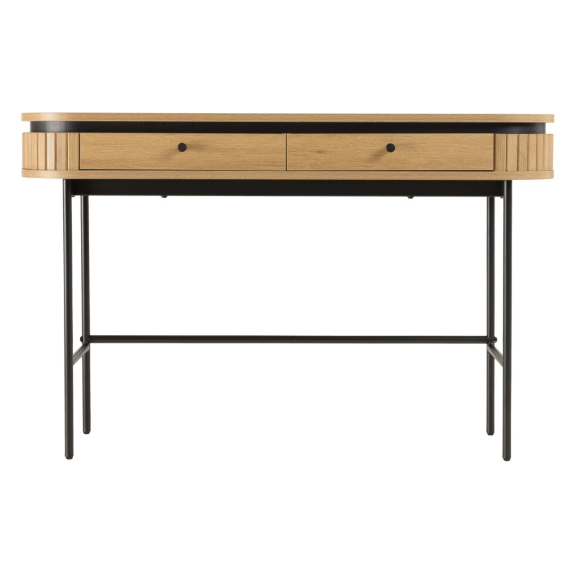 ETHAN - Console arrondie couleur naturelle 2 tiroirs pieds métal noir