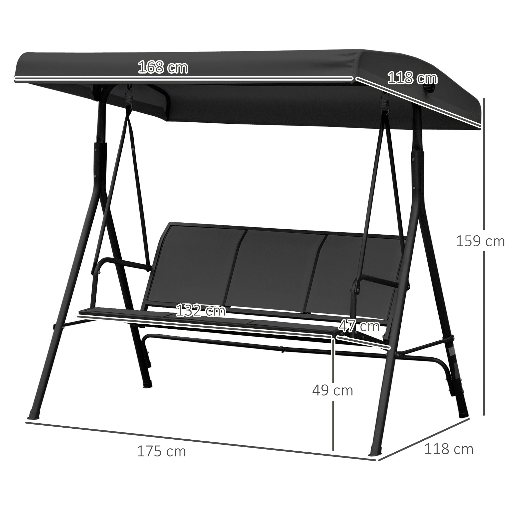 Columpio de Jardín Exterior de 3 Plazas con Toldo Reclinable, Balancín de Jardín Exterior con Respaldo Transpirable y Marco de Acero, para Terraza Balcón, 175x118x159 cm, Negro