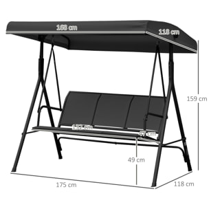 Columpio de Jardín Exterior de 3 Plazas con Toldo Reclinable, Balancín de Jardín Exterior con Respaldo Transpirable y Marco de Acero, para Terraza Balcón, 175x118x159 cm, Negro
