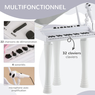 Jouet musical piano électronique - tabouret, micro et support - clavier 37 touches, effet lumineux, nombreux modes - PP blanc