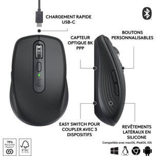 Souris sans fil rechargeable LOGITECH MX anywhere 3S Silencieuse Graphite