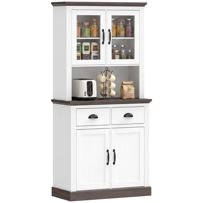 Alacena de Cocina Alta, Mueble Auxiliar de Cocina con Puertas de Cristal, 2 Cajones, Estantes Ajustables, Compartimento Abierto, para Comedor, Salón, 80x38x170 cm, Blanco y Marrón