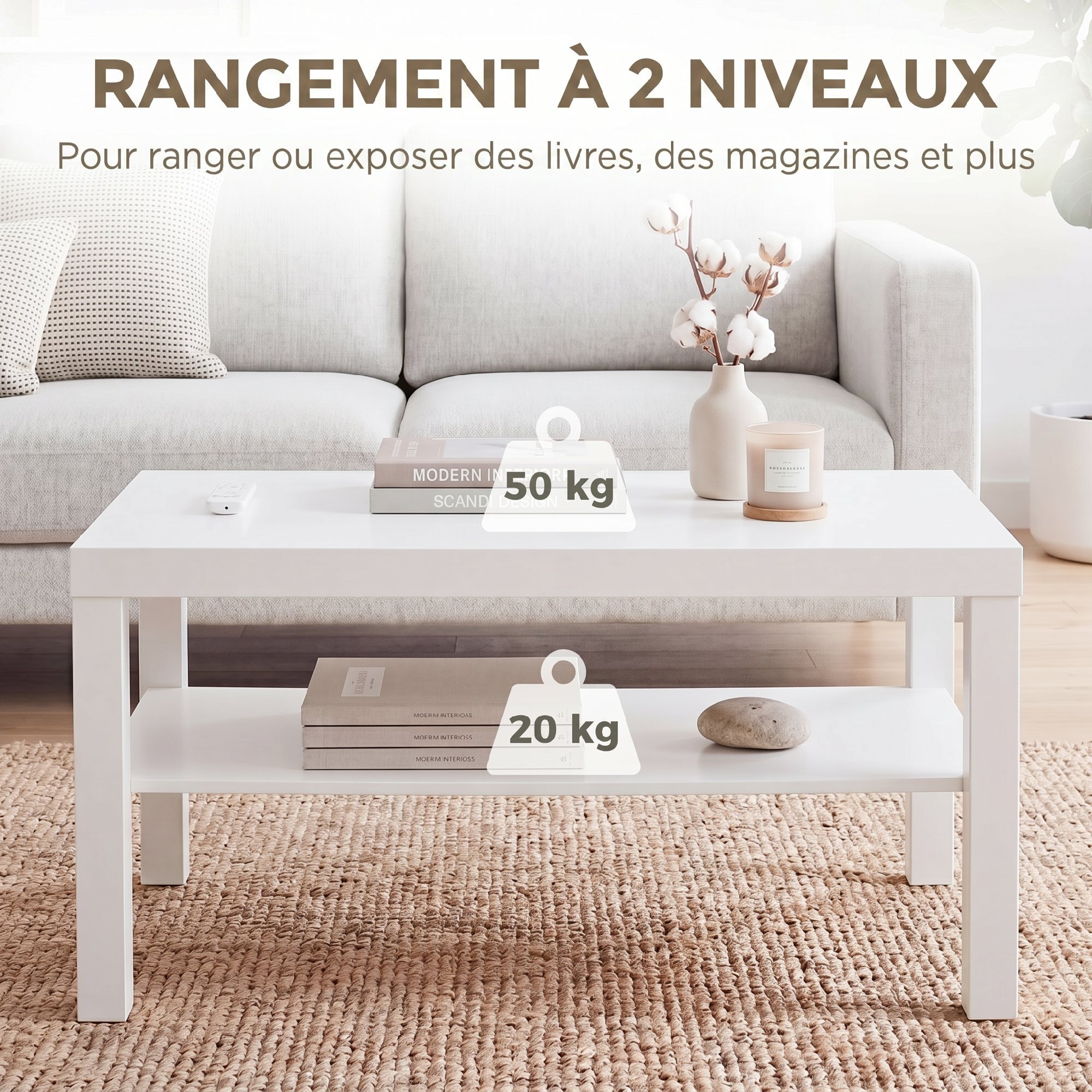 Table basse de salon  2 niveaux avec étagère de rangement - blanc