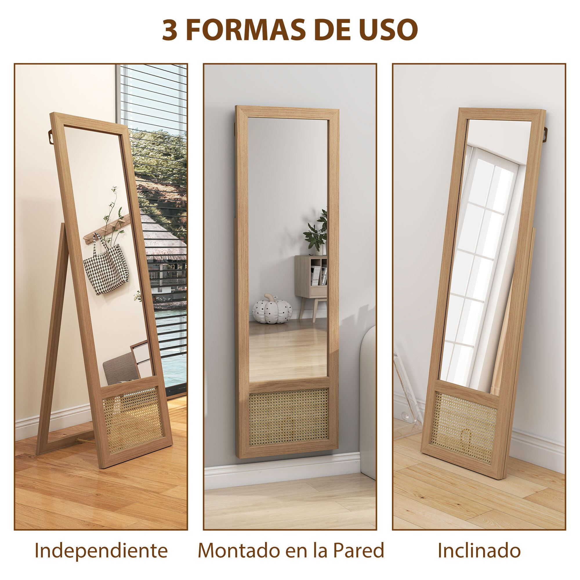 Espejo de Cuerpo Entero 160x50 cm Espejo de Pie o de Pared con Marco de Madera y Soporte para Salón Dormitorio Natural