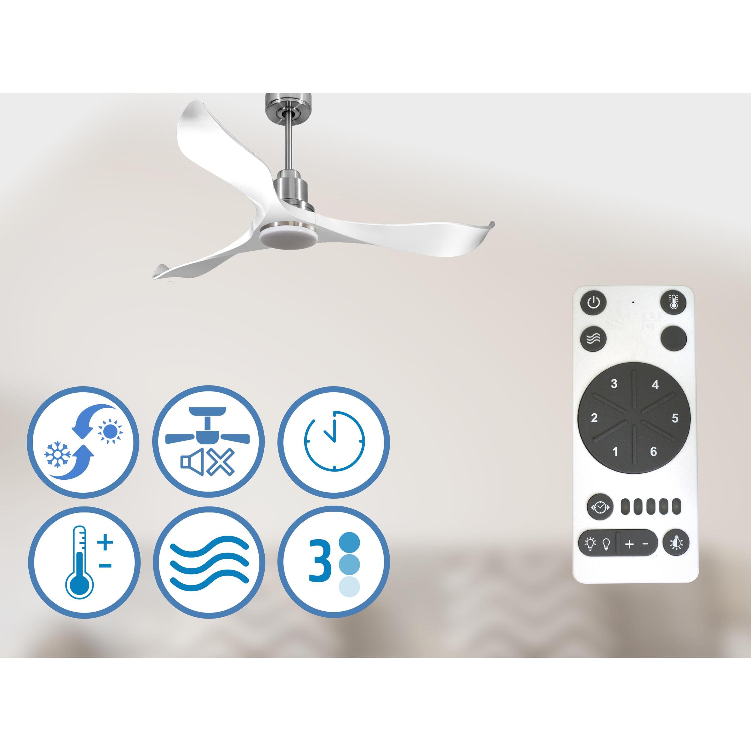 Ventilador de techo Reversible Termostato Dimable Wifi Motor DC Techos Inclinados Mando a Distancia Luz tres tonos Adaptador 2/3 Aspas Hypersilence Memoria VirginD132C04LED67069 PURLINE